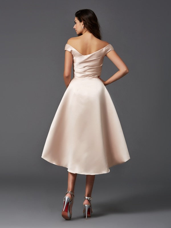 Wholesale A-Line/Princess Off-the-Shoulder Sleeveless High Low Satin Bridesmaid Dresses